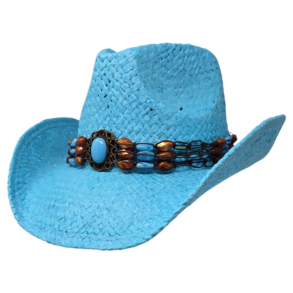 Boho Stone Beaded Band Western Straw Cowboy Fedora Hat
